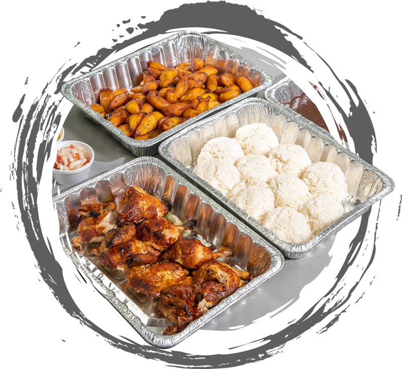 Catering trays with chicken, rice, and vegetables